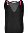 Stylish, sleeveless top in black silk - Transparent, loose comfortable fit - Rounded hem is longer in back than front - Pink ribbon detail at shoulders add interest - Style with skinny jeans and flat sandals or with leather pants and stilettos for the evening