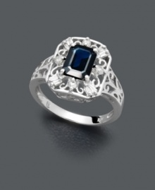Revel in royalty-inspired style. This stunning ring features an ornate, 14k white gold setting that highlights an emerald-cut sapphire (1-9/10 ct. t.w.) and sparkling round-cut diamonds (1/5 ct. t.w.). Revel in royalty-inspired style. This stunning ring features an ornate, 14k white gold setting that highlights an emerald-cut sapphire (1-9/10 ct. t.w.) and sparkling round-cut diamonds (1/5 ct. t.w.).