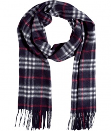 Wrap yourself up in classic style with this luxe cashmere check scarf from Burberry London - Easy to style length, allover classic check print, fringed edges - Style with slim trousers, a cashmere pullover, a sleek trench, and ankle boots Wrap yourself up in classic style with this luxe cashmere check scarf from Burberry London - Easy to style length, allover classic check print, fringed edges - Style with slim trousers, a cashmere pullover, a sleek trench, and ankle boots