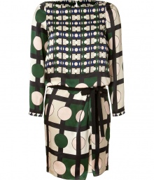 Take an artful stance on workwear in Piazza Sempiones graphic print silk dress, perfect for taking chic days into cool city cocktails - Boat-neckline, bracelet-length sleeves, self-tie sash, loose top, fitted skirt - Pair with ankle boots and a sleek neutral handbag