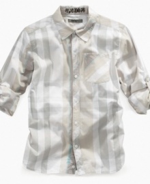 Subtle stripes up his style with this shirt from DKNY. Subtle stripes up his style with this shirt from DKNY.