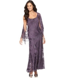 Alex Evenings gives this evening gown an exotic twist with floral burnout details and beaded fringe that falls across the hip. A matching shawl completes the look.