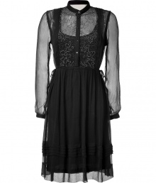 Stylish dress made ..of fine black viscose - Tremendously soft and flattering - Double layered, with a slip dress underneath - Beautiful classic color, feminine silhouette - The top is elegantly embroidered, has a small stand-up collar, long sleeves and a half placket - High set, decoratively gathered and softly falling skirt, just above the knee - Sophisticated AND trendy - A dreamy dress for day or evening occasions, combine with boots, booties or pumps Stylish dress made ..of fine black viscose - Tremendously soft and flattering - Double layered, with a slip dress underneath - Beautiful classic color, feminine silhouette - The top is elegantly embroidered, has a small stand-up collar, long sleeves and a half placket - High set, decoratively gathered and softly falling skirt, just above the knee - Sophisticated AND trendy - A dreamy dress for day or evening occasions, combine with boots, booties or pumps