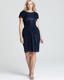 Encrusted in dazzling sequins, Tadashi Shoji Plus's brilliant dress lends a flattering fit with a gathered waist.