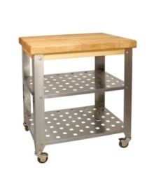 Totally spaced. Reclaim your kitchen and nearly double your workspace with this professional must-have, a solid hardwood butcher block atop a stainless steel base that is ready go to where you do on locking casters. 1-year warranty. Totally spaced. Reclaim your kitchen and nearly double your workspace with this professional must-have, a solid hardwood butcher block atop a stainless steel base that is ready go to where you do on locking casters. 1-year warranty.