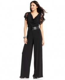 AGB's jumpsuit was made with parties in mind--the sheer lace sleeves and cowl neckline make a luxe statement! AGB's jumpsuit was made with parties in mind--the sheer lace sleeves and cowl neckline make a luxe statement!