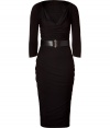 Luxurious dress in fine black rayon stretch - A mega elegant LBD - Stunning, figure-hugging sheath cut, with feminine waterfall neck d?collet? and long, slim sleeves - Waist accentuated, wide belt - Glam draping - The skirt has a typical pencil cut, tight and knee-length - Sophisticated and sexy, stylish and elegant, a dream dress for exciting evening events - Pair with booties, pumps, gladiator sandals