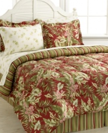 Reminiscent of an island paradise, this Exotic Floral bedding ensemble boasts a bold print of tropical leaves and flowers in a rich green and red palette. Comforter reverses to a chic stripe design that matches with the accompanying bedskirt. Comes complete with coordinating sheet set for a completely restful retreat in your room. Reminiscent of an island paradise, this Exotic Floral bedding ensemble boasts a bold print of tropical leaves and flowers in a rich green and red palette. Comforter reverses to a chic stripe design that matches with the accompanying bedskirt. Comes complete with coordinating sheet set for a completely restful retreat in your room.
