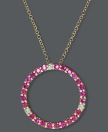 The gift of love eternal, Effy Collection's exquisite eternity-style circle pendant features round-cut rubies (3/4 ct. t.w.) and diamonds (1/10 ct. t.w.) within a delicate, 14k gold setting. Approximate length: 16 inches. Approximate drop: 3/4 inch. The gift of love eternal, Effy Collection's exquisite eternity-style circle pendant features round-cut rubies (3/4 ct. t.w.) and diamonds (1/10 ct. t.w.) within a delicate, 14k gold setting. Approximate length: 16 inches. Approximate drop: 3/4 inch.