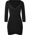 Stylish dress in fine, black cotton blend - Especially comfortable and flattering, thanks to a touch of stretch - Wrap-style bodice with on-trend, 3/4 sleeves and deep v-neck - Curve-hugging, elegantly ruched skirt hits above the knee - Sexy and chic, ideal for cocktails and evenings out - Pair with flat sandals or wedges and a raffia tote or clutch