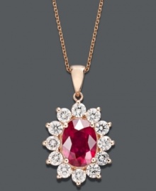 The perfect blend of blush tones. Effy Collection's royalty-inspired necklace features an oval-cut ruby (3-3/4 ct. t.w.) surrounded by a halo of round-cut diamonds (1-3/4 ct. t.w.). Crafted in 14k rose gold. Approximate length: 18 inches. Approximate drop length: 1-1/2 inches. Approximate drop width: 3/4 inch. The perfect blend of blush tones. Effy Collection's royalty-inspired necklace features an oval-cut ruby (3-3/4 ct. t.w.) surrounded by a halo of round-cut diamonds (1-3/4 ct. t.w.). Crafted in 14k rose gold. Approximate length: 18 inches. Approximate drop length: 1-1/2 inches. Approximate drop width: 3/4 inch.