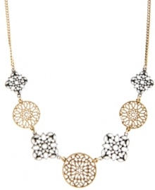 A delicate design. Pretty openwork patterns decorate Lucky Brand's beautiful collar necklace. Crafted in gold and silver tone mixed metal. Approximate length: 18 inches. A delicate design. Pretty openwork patterns decorate Lucky Brand's beautiful collar necklace. Crafted in gold and silver tone mixed metal. Approximate length: 18 inches.