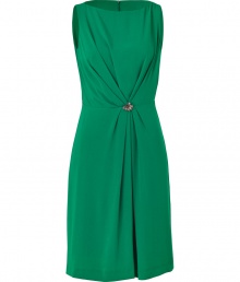 Channel vintage-inspired style with this lovely bring dress frock from Tara Jarmon - Bateau neck, sleeveless, pleat detailed draped bodice with brooch at waistline, full skirt with front pleat, concealed back zip closure - Style with metallic sandals and a clutch