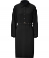 With its clean lines and sophisticated styling, Veronique Leroys black shirtdress counts as an everyday essential, tailored to all-season sophistication - Pointed collar, long sleeves, buttoned cuffs, partial button-down front, belted waistline, back belt loop, softly fitted silhouette - Pair with heels and a streamlined carryall tote