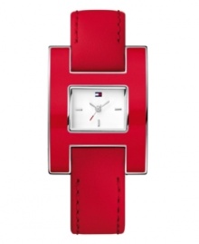 Magnetic bursts of bold color adorn this eye-catching watch from Tommy Hilfiger. Crafted of red calf leather strap and rectangular red enamel and stainless steel case. White dial features silver tone applied stick indices, iconic flag logo at twelve o'clock and silver tone three hands. Quartz movement. Water resistant to 30 meters. Ten-year limited warranty. Magnetic bursts of bold color adorn this eye-catching watch from Tommy Hilfiger. Crafted of red calf leather strap and rectangular red enamel and stainless steel case. White dial features silver tone applied stick indices, iconic flag logo at twelve o'clock and silver tone three hands. Quartz movement. Water resistant to 30 meters. Ten-year limited warranty.