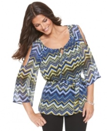 A striking zigzag print and design details like peekaboo shoulder cutouts make this NY Collection petite top a sure bet with dark denim or the season's favored white pants. A striking zigzag print and design details like peekaboo shoulder cutouts make this NY Collection petite top a sure bet with dark denim or the season's favored white pants.