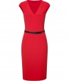 Sophisticated dress in fine wool stretch is elegant in bright scarlet - Feminine silhouette with decorative belt - Features a v-neck, small cap sleeves and flattering pencil skirt - Lovely for cocktail parties, exclusive dinners and events - Wear for work with peep toe heels and a blazer