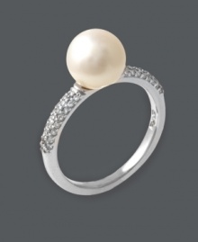 Timeless style in sweet, polished pearl. This elegant design by Effy Collection highlights a cultured freshwater pearl (9-1/2 mm) in a simple band decorated with sparkling round-cut diamond (1/5 ct. t.w.). Set in 14k white gold. Timeless style in sweet, polished pearl. This elegant design by Effy Collection highlights a cultured freshwater pearl (9-1/2 mm) in a simple band decorated with sparkling round-cut diamond (1/5 ct. t.w.). Set in 14k white gold.