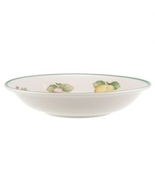 The French Garden Fleurence pasta bowl from this Villeroy & Boch collection of dinnerware and dishes features a summer fruit pattern on a pale yellow background to bring a touch of sunshine to your table. The French Garden Fleurence pasta bowl from this Villeroy & Boch collection of dinnerware and dishes features a summer fruit pattern on a pale yellow background to bring a touch of sunshine to your table.
