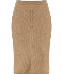 An elegant, allover knit pattern lends this caramel wool Alberta Ferretti skirt its ladylike-with-a-twist chic - Pull-on style, with flattering decorative seam detail - Sophisticated and feminine, easily transitions from the office to cocktails or dinner - Medium-rise, curve-hugging pencil cut - Pair with a blazer and blouse, a leather jacket and silk top or a cashmere pullover An elegant, allover knit pattern lends this caramel wool Alberta Ferretti skirt its ladylike-with-a-twist chic - Pull-on style, with flattering decorative seam detail - Sophisticated and feminine, easily transitions from the office to cocktails or dinner - Medium-rise, curve-hugging pencil cut - Pair with a blazer and blouse, a leather jacket and silk top or a cashmere pullover