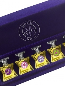 A quintet of Bond No. 9 favorites, these eau de parfum miniatures (ideal for travel) stand at the ready in their transparent bottles, secured in their velvet jewel box. This is the ideal gift for the frequent flyer who rotates her travel scents from trip to trip. Scents: Bleecker Street, Chinatown, The Scent of Peace, Madison Square Park and Central Park West. 0.17 oz. each. Made in USA. A quintet of Bond No. 9 favorites, these eau de parfum miniatures (ideal for travel) stand at the ready in their transparent bottles, secured in their velvet jewel box. This is the ideal gift for the frequent flyer who rotates her travel scents from trip to trip. Scents: Bleecker Street, Chinatown, The Scent of Peace, Madison Square Park and Central Park West. 0.17 oz. each. Made in USA.