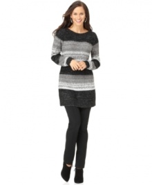 Metallic details sparkle against a tonal striped knit on this Alfani tunic -- adorable over leggings & skinny jeans!