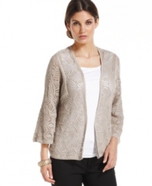 Crochet lace makes this Alfani cardigan a dressy pick for a summer coverup! Crochet lace makes this Alfani cardigan a dressy pick for a summer coverup!