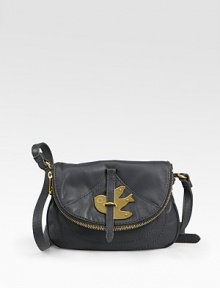 Signature bird hardware lends a touch of whimsy to this slouchy leather bag.Adjustable shoulder strap, 22½-24½ dropMagnetic flap closureOne outside zip pocketFully lined8W X 6½H X 1DImported