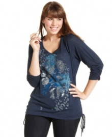 Snag a standout casual look with Style&co.'s three-quarter-sleeve plus size top, showcasing an embellished print.