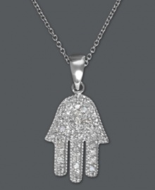 A symbol of protection. The Hamsa represents blessings, power, and strength, and is seen as potent in deflecting the evil eye. Effy Collection's sparkling design is encrusted with round-cut diamonds (1/4 ct. t.w.) and set in polished 14k white gold. Approximate length: 18 inches. Approximate drop length: 13/16 inch. Approximate drop width: 3/8 inch. A symbol of protection. The Hamsa represents blessings, power, and strength, and is seen as potent in deflecting the evil eye. Effy Collection's sparkling design is encrusted with round-cut diamonds (1/4 ct. t.w.) and set in polished 14k white gold. Approximate length: 18 inches. Approximate drop length: 13/16 inch. Approximate drop width: 3/8 inch.