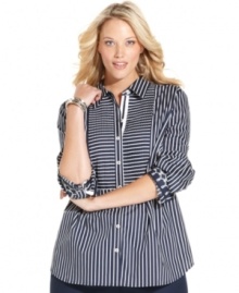 Charter Club's striped plus size shirt is a must-have for your day to play wardrobe-- dress it up with trousers or down with denim.