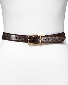 Two belts in one, Lauren by Ralph Lauren's reversible leather and croc-embossed leather belt is a versatile option that is designed to match every mood and outfit.