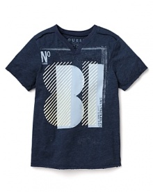 V-neck tee with graphic 81 print at chest and epaulette detail at shoulder. V-neck tee with graphic 81 print at chest and epaulette detail at shoulder.