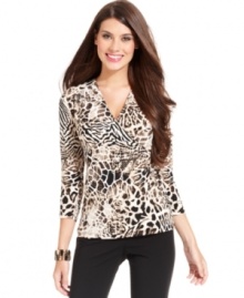 Alfani makes this surplice top look particularly chic by mixing animal prints and ruching the sleeves.