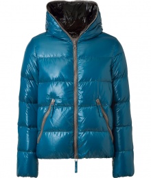 A sleek patina and vibrant contrast piping lend this Duvetica down jacket its sporty and stylish edge - In a lighter weight, wind- and water-resistant lagoon blue polyamide with grey trim - Straight cut fits close to the body for extra warmth - Full zip, hood and oversize diagonal zippered pockets at front - Perfect for cold weather casual looks - Pair with jeans, chinos, cords and athletic pants A sleek patina and vibrant contrast piping lend this Duvetica down jacket its sporty and stylish edge - In a lighter weight, wind- and water-resistant lagoon blue polyamide with grey trim - Straight cut fits close to the body for extra warmth - Full zip, hood and oversize diagonal zippered pockets at front - Perfect for cold weather casual looks - Pair with jeans, chinos, cords and athletic pants