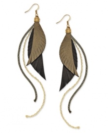 It's all about the details. Ali Khan's exotic earrings style combines gold and silver tone mixed metal, with leather feather accents for a dramatic, two-dimensional look. Approximate drop: 5-1/2 inches.