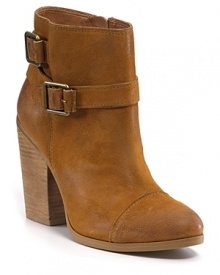 Double buckle straps and a stacked heel team up on these supple suede booties. By Lucky Brand.