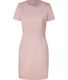 Elegant dress in fine, light beige cotton stretch blend - Modified, slim shift style with round neck and short sleeves - Flattering darts at bust and hips - Chic seam detail created the illusion of a banded waist - Pencil skirt hits above the knee - Zips at back - Stylish and sophisticated, a polished go-to for work and cocktails - Pair with platform pumps or wedge sandals and bold jewelry Elegant dress in fine, light beige cotton stretch blend - Modified, slim shift style with round neck and short sleeves - Flattering darts at bust and hips - Chic seam detail created the illusion of a banded waist - Pencil skirt hits above the knee - Zips at back - Stylish and sophisticated, a polished go-to for work and cocktails - Pair with platform pumps or wedge sandals and bold jewelry