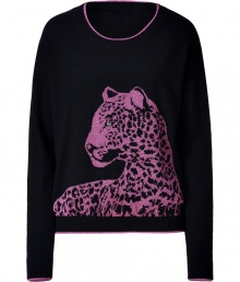 Prowl the urban jungle in chic Juicy Couture style with this pink metallic detailed snow leopard pullover - Round neckline, metallic trim, long sleeves, metallic trimmed cuffs, fine ribbed trim - Loosely fitted - Wear with leather leggings and shearling lined boots