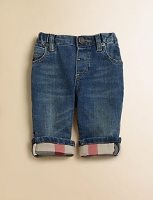 Soft, faded denim in a perfectly detailed miniature version of grown-up jeans, with Burberry checks lining the cuffs.Back elastic waistband with belt loopsZip fly with button closeFront scoop pockets and coin pocket with rivetsBack patch pockets98% cotton/2% elastaneMachine washImported Soft, faded denim in a perfectly detailed miniature version of grown-up jeans, with Burberry checks lining the cuffs.Back elastic waistband with belt loopsZip fly with button closeFront scoop pockets and coin pocket with rivetsBack patch pockets98% cotton/2% elastaneMachine washImported