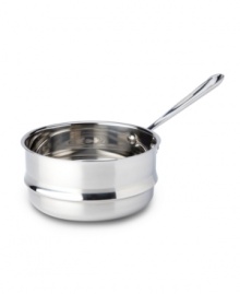 Nesting comfortably inside the saucepan, the double boiler provides the perfect space for whisking sauces that can't take direct heat. All-Clad's high-performance double boiler is constructed with a durable stainless steel interior, a pure aluminum core and a hand-polished mirror-finished exterior. Lifetime warranty. Nesting comfortably inside the saucepan, the double boiler provides the perfect space for whisking sauces that can't take direct heat. All-Clad's high-performance double boiler is constructed with a durable stainless steel interior, a pure aluminum core and a hand-polished mirror-finished exterior. Lifetime warranty.