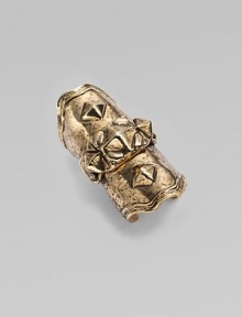 A piece of armor in goldplated metal with pyramid studding for a bold, edgy statement.14K goldplated Center hinge Diameter, about 20mm, (.78) Length, about 2 Made in USA Additional Information Women's Ring Size Guide A piece of armor in goldplated metal with pyramid studding for a bold, edgy statement.14K goldplated Center hinge Diameter, about 20mm, (.78) Length, about 2 Made in USA Additional Information Women's Ring Size Guide