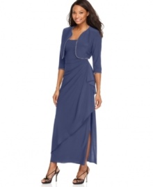 This elegant petite dress and jacket ensemble from Alex Evenings has super-feminine details like pretty beaded trim and a graceful drape for a stunning special occasion look. This elegant petite dress and jacket ensemble from Alex Evenings has super-feminine details like pretty beaded trim and a graceful drape for a stunning special occasion look.