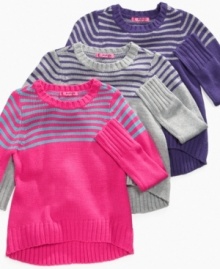 She'll love snuggling into these striped sweaters from Energie, a simple look that will complement her snowbound style. She'll love snuggling into these striped sweaters from Energie, a simple look that will complement her snowbound style.