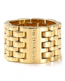 Michael Kors gleaming watch link style ring boasts modern style. Michael Kors gleaming watch link style ring boasts modern style.