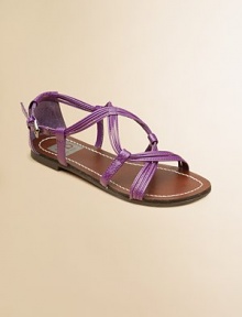 She'll love to rock these stylish strappy sandals with criss cross detail.Slip-on with buckle closurePolyurethane upperSynthetic liningSynthetic soleImportedAdditional InformationKid's Shoe Size Guide (European Equivalent) She'll love to rock these stylish strappy sandals with criss cross detail.Slip-on with buckle closurePolyurethane upperSynthetic liningSynthetic soleImportedAdditional InformationKid's Shoe Size Guide (European Equivalent)