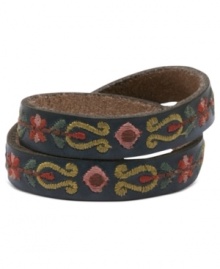 Natural sophistication, by Lucky Brand. This rich leather bracelet features a wrap silhouette, embroidered with colorful stitching. Crafted in blue leather. Approximate length: 16 inches.