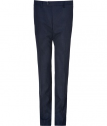 Sharpen up your tailored business look in Etros chic pinstriped wool pants - Flat front, belt loops, off-seam pockets, back welt pockets with buttons, creasing at legs - Modern slim fit - Style with a matching blazer, a printed button-down, and leather oxfords