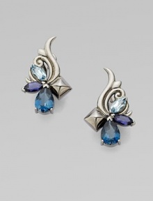 From the Silver Pop Superstud Collection. A pretty array of London blue topaz, sky blue topaz, iolite and tanzanite quartz in black rhodium plated sterling silver. London blue and sky blue topaz Tanzanite quartz and iolite Black rhodium plated sterling silver Hinge and 14k gold post back Drop, about 1 Imported From the Silver Pop Superstud Collection. A pretty array of London blue topaz, sky blue topaz, iolite and tanzanite quartz in black rhodium plated sterling silver. London blue and sky blue topaz Tanzanite quartz and iolite Black rhodium plated sterling silver Hinge and 14k gold post back Drop, about 1 Imported