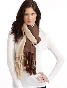 THE LOOKHandloomed two-tone designFringe detailsTHE FIT28W x 68LTHE MATERIALBaby alpacaCARE & ORIGINDry cleanImported of domestic fabric THE LOOKHandloomed two-tone designFringe detailsTHE FIT28W x 68LTHE MATERIALBaby alpacaCARE & ORIGINDry cleanImported of domestic fabric
